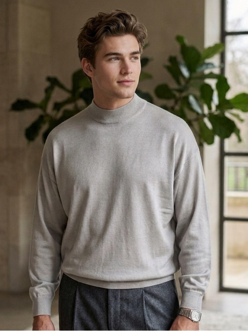 Pronto Uomo Light Gray Silk Cotton Mock Neck Oversized Sweater Large